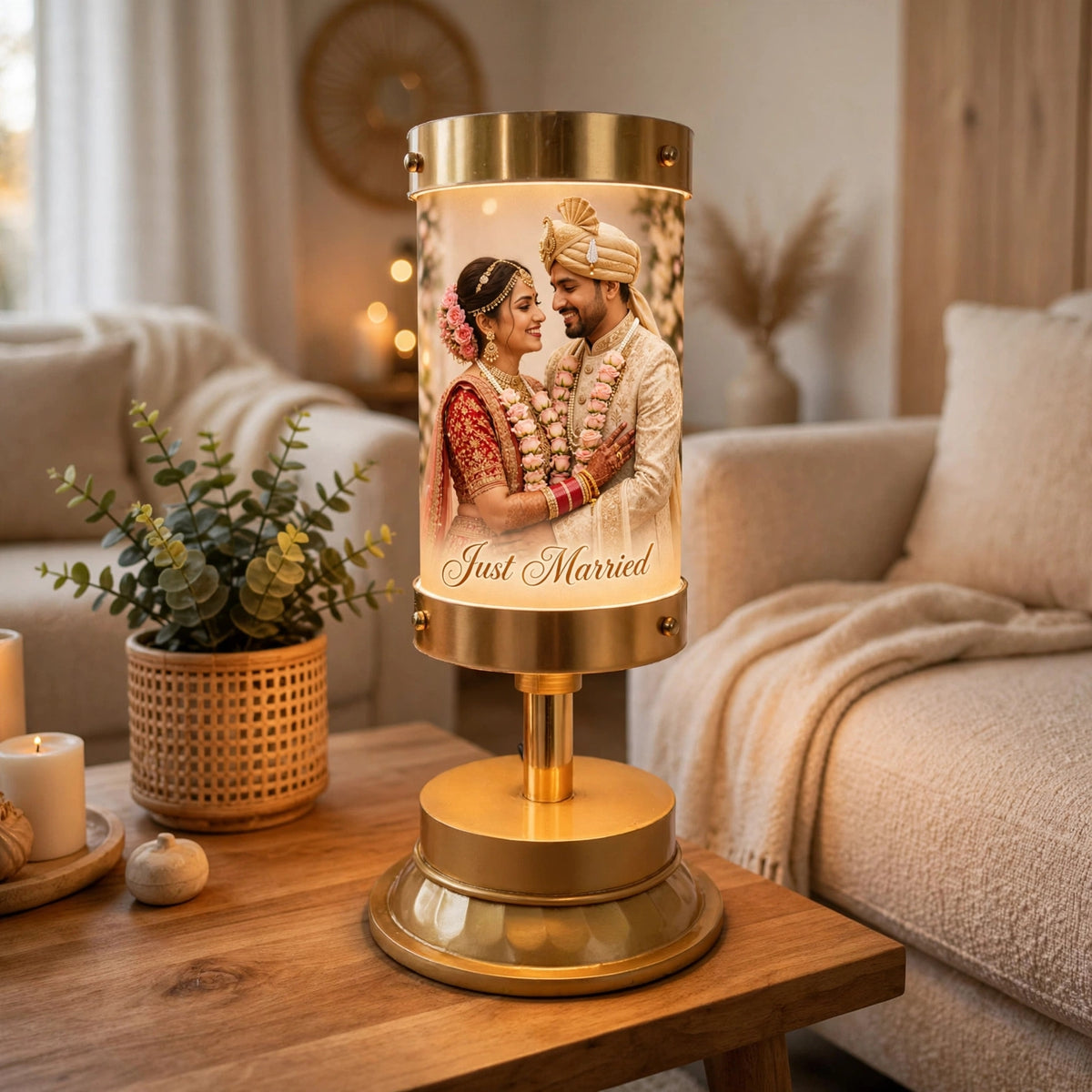 A gold table lamp with a custom photo of a bride and groom on the lampshade and the words 'Just Married' printed at the bottom, shown lit on a wooden table in a cozy living room setting.