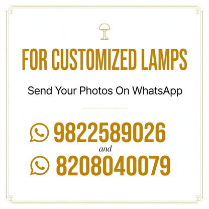 Promotional graphic for customized lamps, featuring gold and black text on a white background with decorative corner details. The text reads 'FOR CUSTOMIZED LAMPS', 'Send Your Photos On WhatsApp', and lists two WhatsApp phone numbers: 9822589026 and 8208040079.