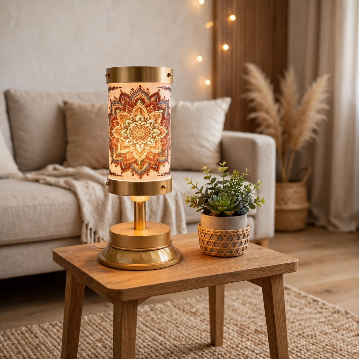 A decorative table lamp with a glowing mandala-patterned shade and a polished brass base, styled on a wooden side table in a cozy living room setting.
