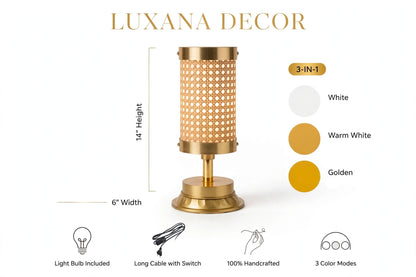 A table lamp labeled 'LUXANA DECOR' on a white background with dimension lines showing 14" height and 6" width, plus a color selector and feature icons. The lamp has a brass/gold-toned base and stem with a woven warm white cylindrical shade.