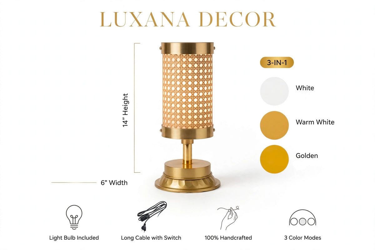 A table lamp labeled 'LUXANA DECOR' on a white background with dimension lines showing 14" height and 6" width, plus a color selector and feature icons. The lamp has a brass/gold-toned base and stem with a woven warm white cylindrical shade.