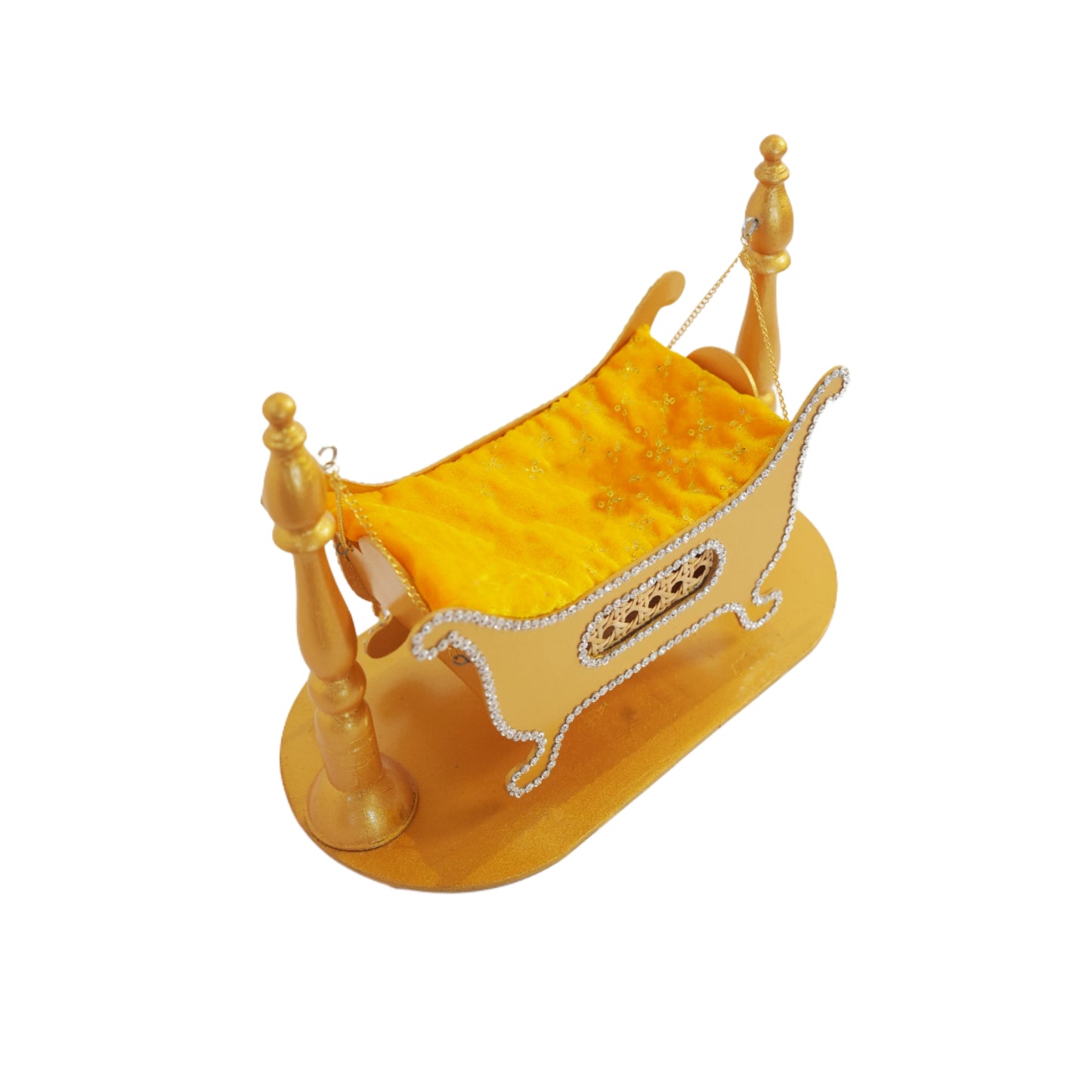 Premium Golden MDF Krishna Jhula |ONLY JHULA | 12x10x10 Inch Waterproof Glossy Mirror Finish Laddu Gopal Swing with Velvet Cushion & Stone Work