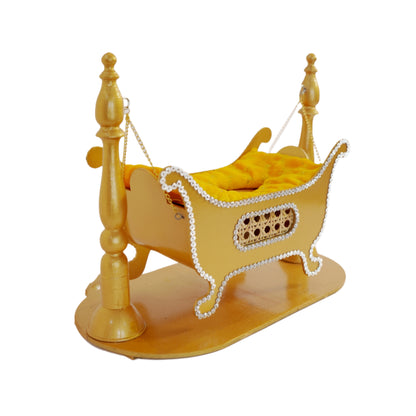 Premium Golden MDF Krishna Jhula |ONLY JHULA | 12x10x10 Inch Waterproof Glossy Mirror Finish Laddu Gopal Swing with Velvet Cushion & Stone Work