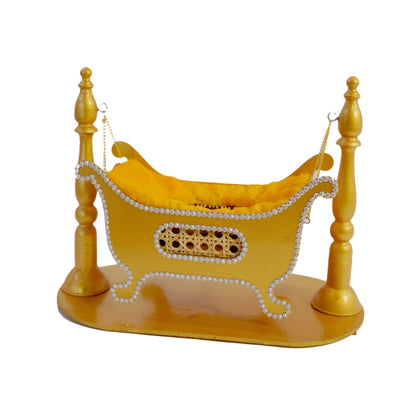 Premium Golden MDF Krishna Jhula |ONLY JHULA | 12x10x10 Inch Waterproof Glossy Mirror Finish Laddu Gopal Swing with Velvet Cushion & Stone Work