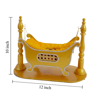 Premium Golden MDF Krishna Jhula |ONLY JHULA | 12x10x10 Inch Waterproof Glossy Mirror Finish Laddu Gopal Swing with Velvet Cushion & Stone Work