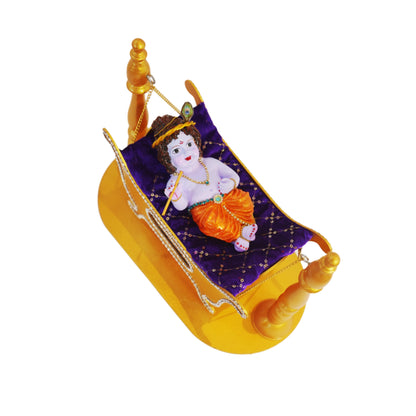Cute Krishna Idol with Golden MDF Jhula | Waterproof Polyester Bal Krishna Murti Glossy Finish | 12x10 Inch Laddu Gopal Jhula for Temple & Gift