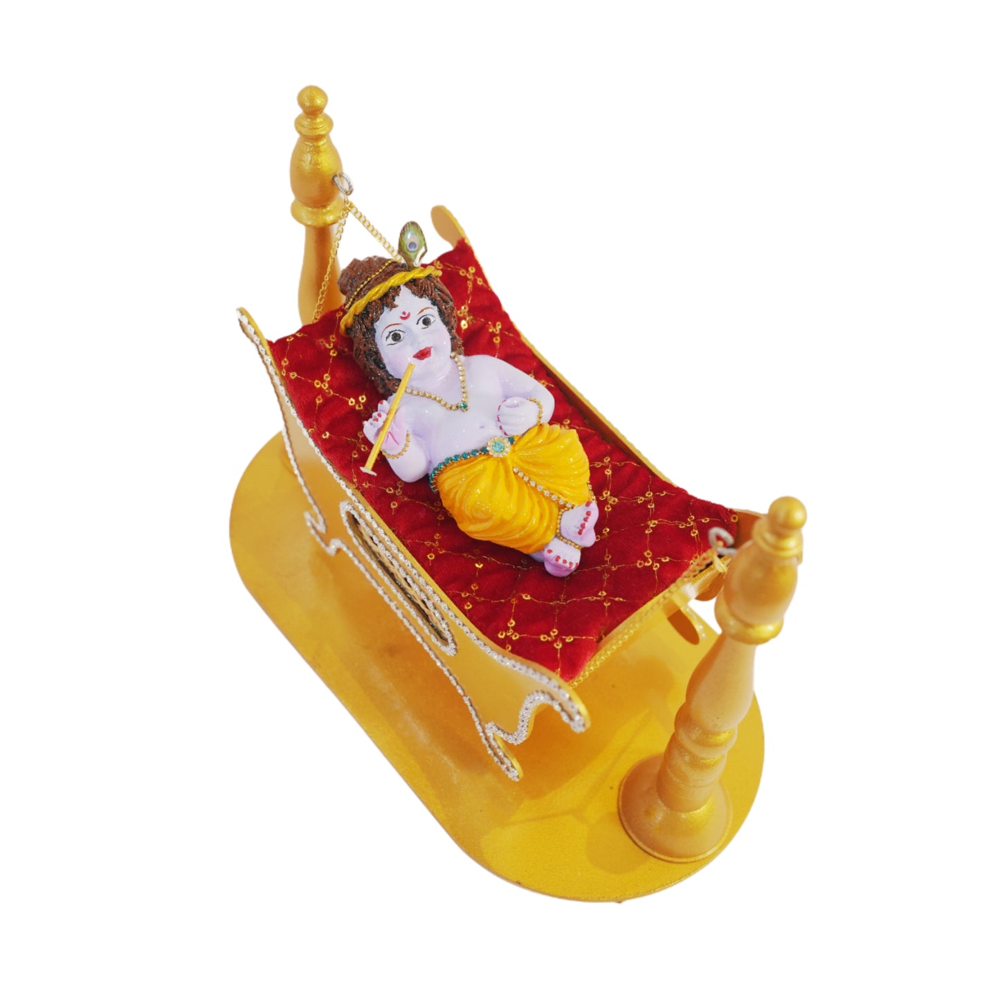 Cute Krishna Idol with Golden MDF Jhula | Waterproof Polyester Bal Krishna Murti Glossy Finish | 12x10 Inch Laddu Gopal Jhula for Temple & Gift