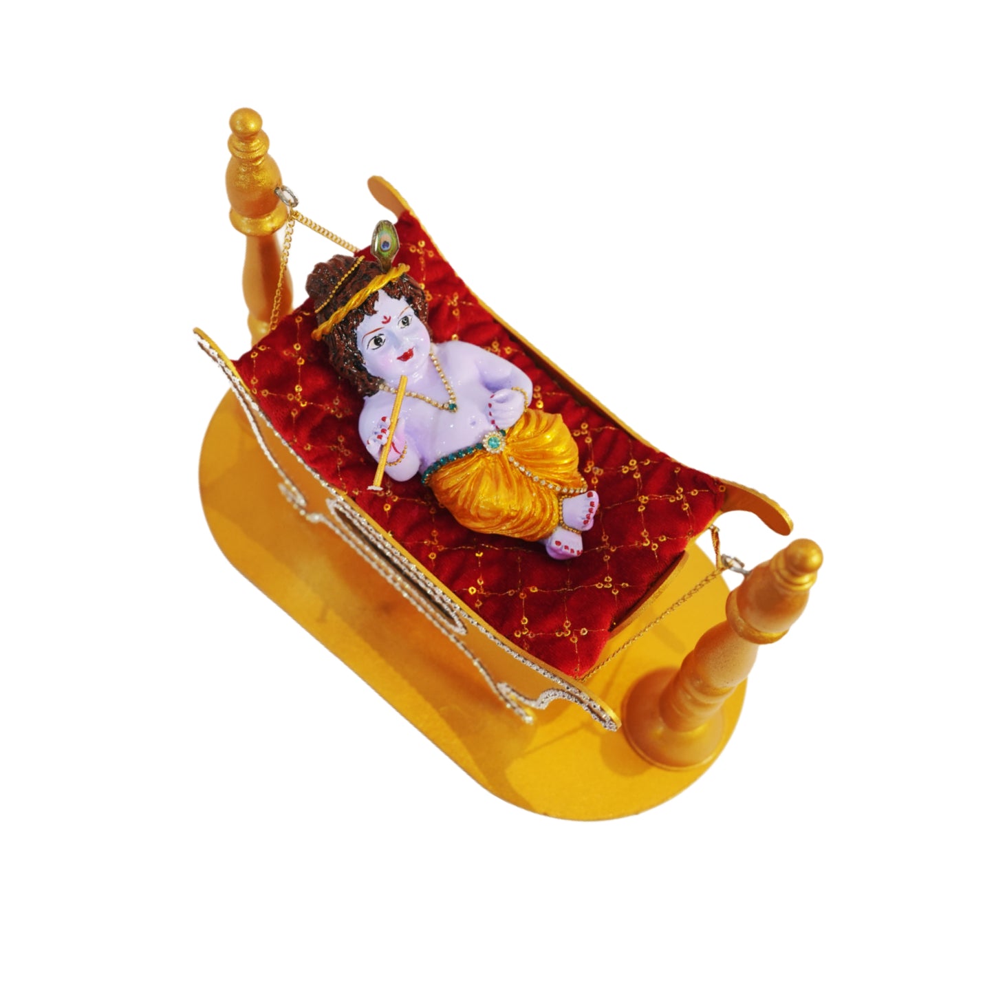 Cute Krishna Idol with Golden MDF Jhula | Waterproof Polyester Bal Krishna Murti Glossy Finish | 12x10 Inch Laddu Gopal Jhula for Temple & Gift