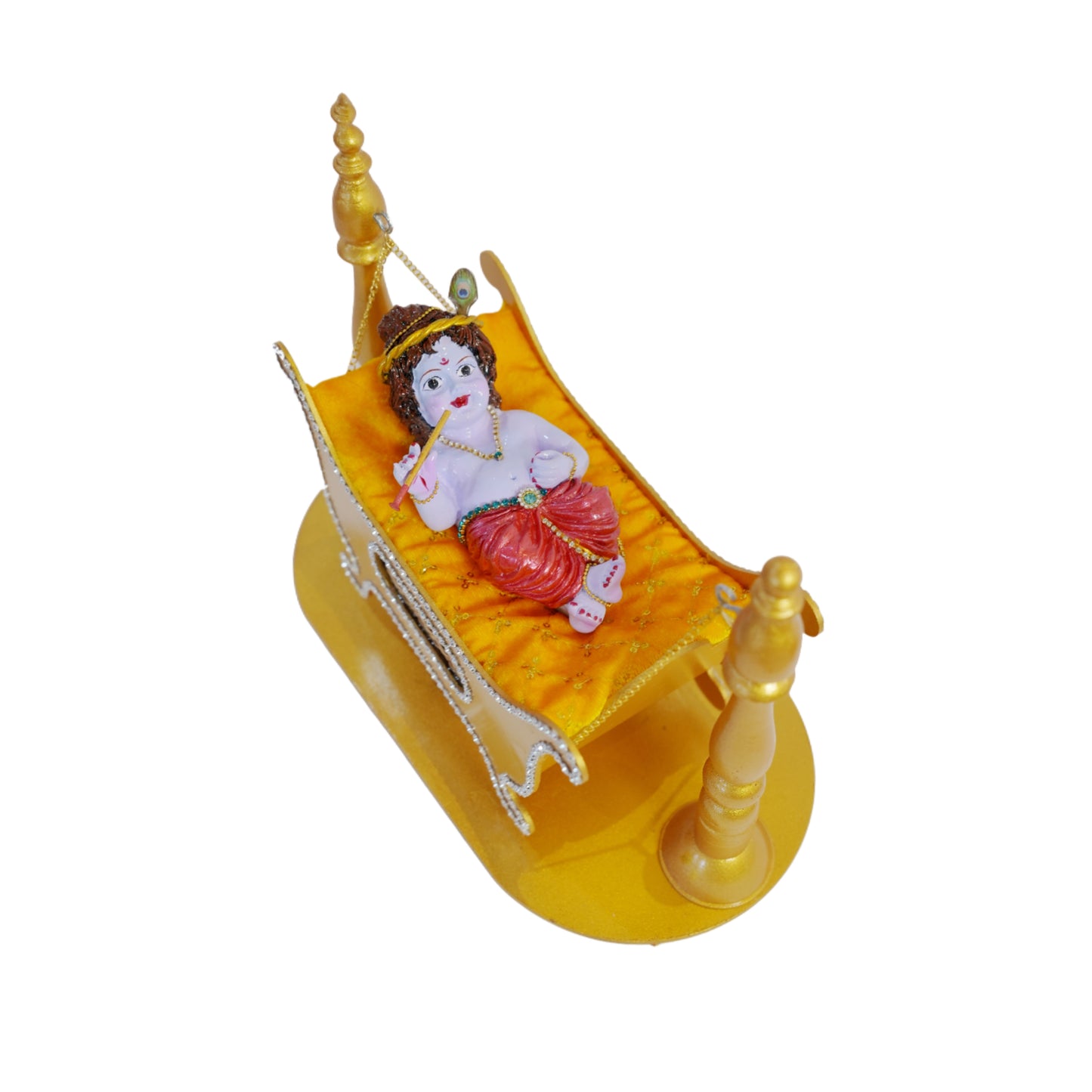 Cute Krishna Idol with Golden MDF Jhula | Waterproof Polyester Bal Krishna Murti Glossy Finish | 12x10 Inch Laddu Gopal Jhula for Temple & Gift