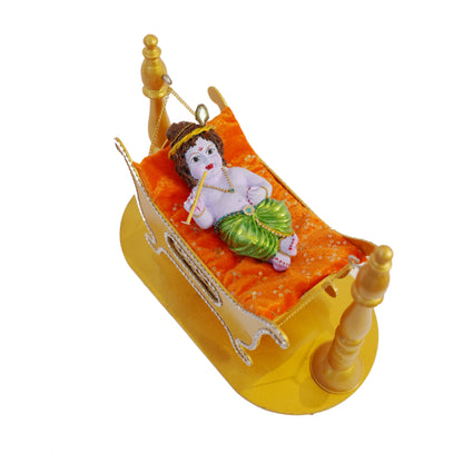 Cute Krishna Idol with Golden MDF Jhula | Waterproof Polyester Bal Krishna Murti Glossy Finish | 12x10 Inch Laddu Gopal Jhula for Temple & Gift