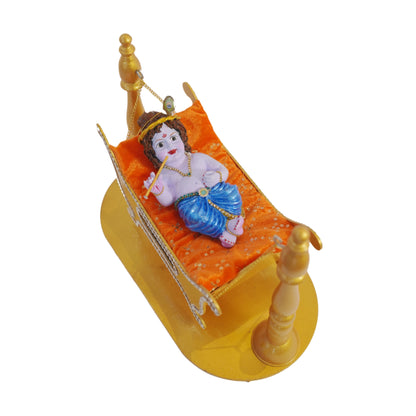 Cute Krishna Idol with Golden MDF Jhula | Waterproof Polyester Bal Krishna Murti Glossy Finish | 12x10 Inch Laddu Gopal Jhula for Temple & Gift