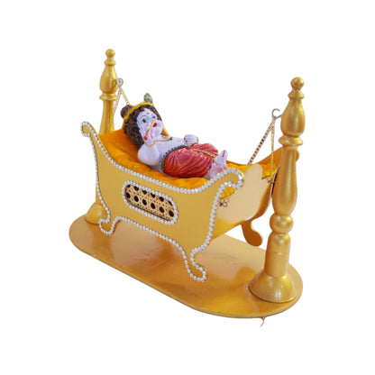 Cute Krishna Idol with Golden MDF Jhula | Waterproof Polyester Bal Krishna Murti Glossy Finish | 12x10 Inch Laddu Gopal Jhula for Temple & Gift