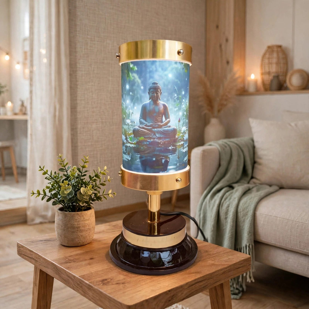 A decorative table lamp with a cylindrical glowing blue-and-white Buddha print and gold-toned metal trim, placed on a wooden side table in a cozy living room setting.