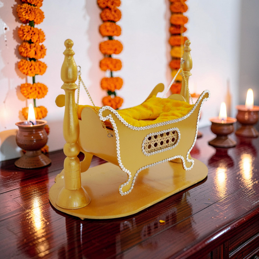 Premium Golden MDF Krishna Jhula |ONLY JHULA | 12x10x10 Inch Waterproof Glossy Mirror Finish Laddu Gopal Swing with Velvet Cushion & Stone Work