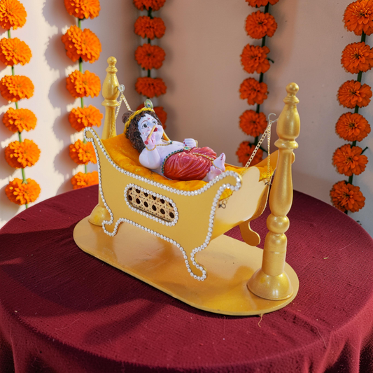 Cute Krishna Idol with Golden MDF Jhula | Waterproof Polyester Bal Krishna Murti Glossy Finish | 12x10 Inch Laddu Gopal Jhula for Temple & Gift
