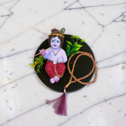 Cute Krishna Idol with Golden MDF Jhula | Waterproof Polyester Bal Krishna Murti Glossy Finish | 12x10 Inch Laddu Gopal Jhula for Temple & Gift