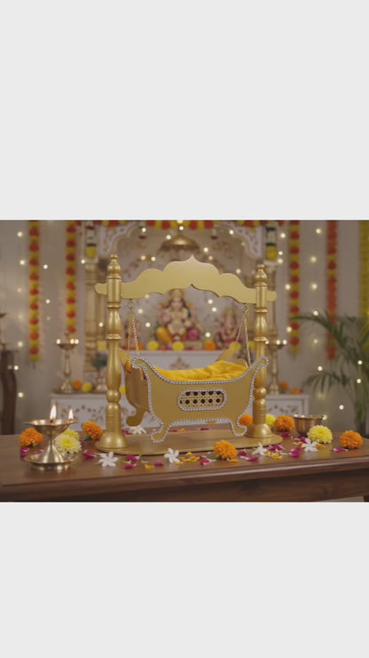 Premium Golden MDF Krishna Jhula |ONLY JHULA | 12x10x10 Inch Waterproof Glossy Mirror Finish Laddu Gopal Swing with Velvet Cushion & Stone Work